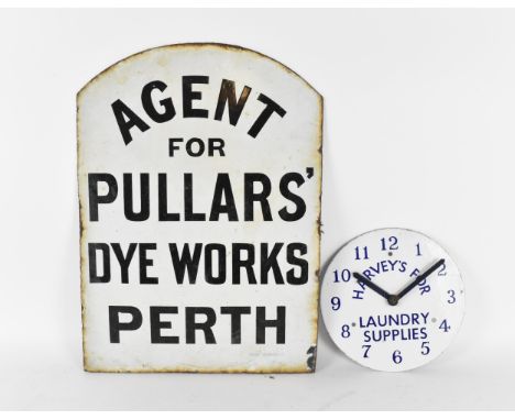 Two vintage enamel advertising signs: a double-sided sign for 'Agent for Pullars' Dye Works Perth' by The Chromographic Ename