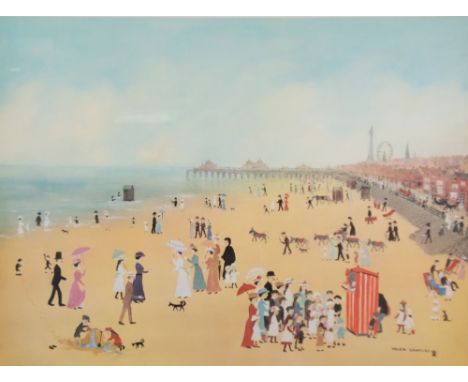 *HELEN BRADLEY Artist signed colour print 'Blackpool Beach' Signed in pencil & with blind stamps 17 1/2" x 23 1/2" (44.5cm x 