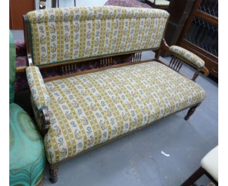 EDWARDIAN LINE INLAID ROSEWOOD OPEN ARMCHAIR TWO SEATER DRAWING ROOM SETTEE DRAWING ROOM SETTEE, THE ROLL TOP PADDED BACK AND