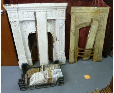 VICTORIAN CAST IRON FIRE SURROUND OF CLASSICAL DESIGN WITH CAST IN HOOD AND BOLTED ON FIRE BACK AND THE MANTEL SHELF, AND ANO