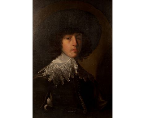 Circle of Cornelius Johnson (1593-1661)/Portrait of a Young Gentleman/bust length, wearing a grey doublet with lace collar an