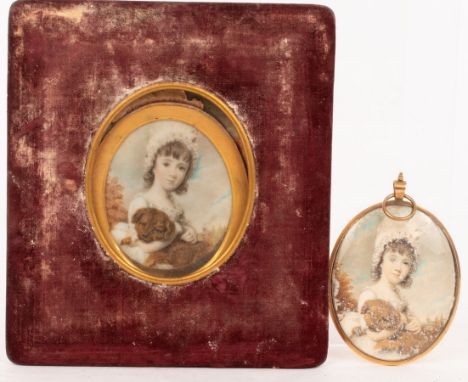 Henry Edridge (1768-1821)/Portrait Miniature of Julia Evelyn Medley Shuckburgh, holding a dog/watercolour on ivory, 7.5cm x 6