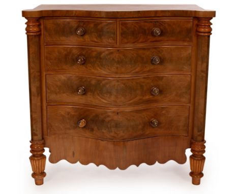 A Victorian satin mahogany chest of serpentine outline, the shaped top above two short and three long serpentine drawers and 