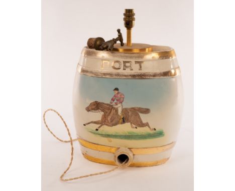 A Staffordshire port barrel, transfer printed decoration of racehorse with jockey up, converted as a lamp and a French porcel