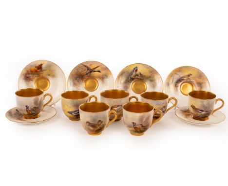 Royal Worcester, a composite set of seven coffee cups and saucers painted birds by James Stinton, signed, the cups with gilt 