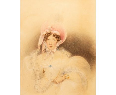 English School, Mid 19th Century/Portrait of a Lady/half-length, wearing a pink bonnet, a sapphire and diamond brooch and mat