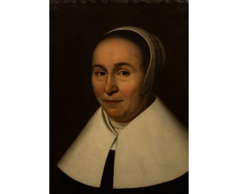Dutch School, Early 17th Century/Portrait of a Lady/bust length, wearing a black dress with a deep white collar and white cap