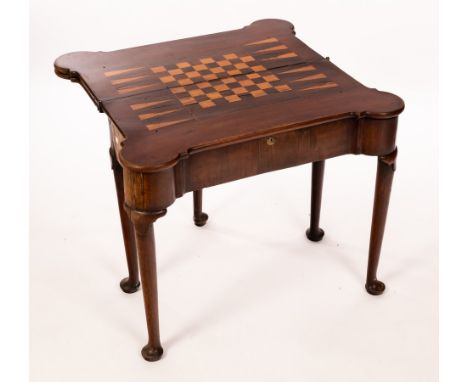 A George II walnut triple-flap gaming table, the second flap inlaid for chess and backgammon, on cabriole legs and pad feet, 