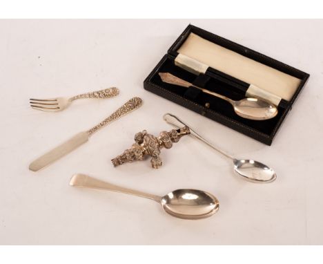 An American sterling silver Christening knife and fork, S Kirk &amp; Son, a silver rattle, CC, Birmingham 1874, with whistle 