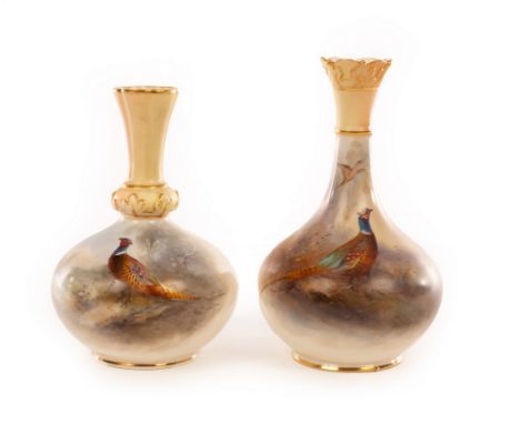 Two Royal Worcester vases, each with narrow blush ivory neck highlighted with gilt, painted pheasants in a landscape, by Jame