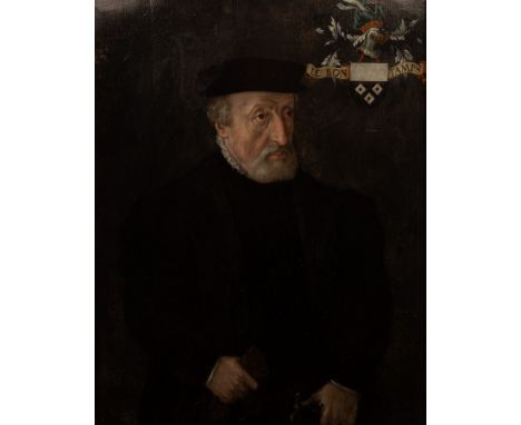 Flemish School, 16th Century/Portrait of Baron Von Passchendaele/three-quarter length, wearing a black coat and cap and holdi