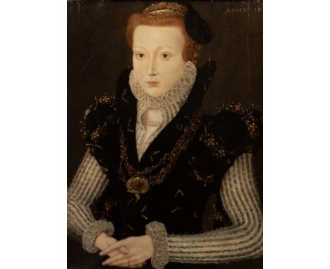 Attributed to the Master of the Countess of Warwick (act. circa 1560-1570)/Portrait of a Lady/half-length, in a grey striped 