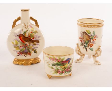 A Royal Worcester pilgrim flask painted birds, insects and flowing branches to each side, with gilt painted twin-handles and 