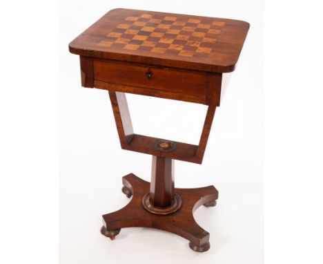 A Regency rosewood work table, the top inlaid for chess, fitted a drawer on a U-shaped support and flat quadruple base, 47cm 