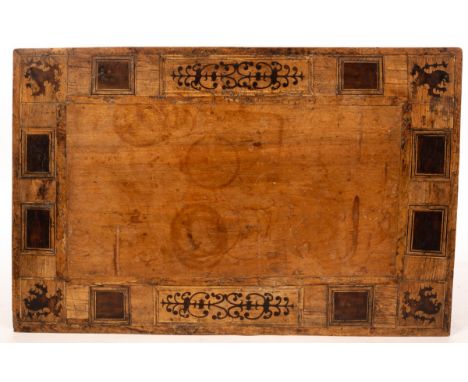 A South German walnut and inlaid table top, early 18th Century, on a later ring-turned frame, 101.5cm wide CONDITION REPORT: 