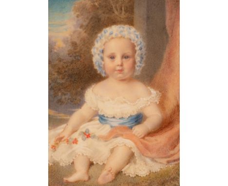 English School, 19th Century/Portrait Miniature of the Earl of Liverpool as a Baby/seated on the grass, wearing a bonnet and 