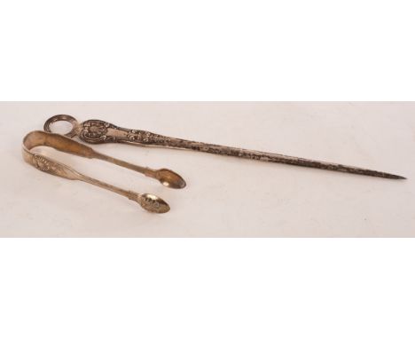 A George IV silver meat skewer, makers mark indistinct, London 1826, with reeded ring handle, 30.5cm long and a pair of Victo