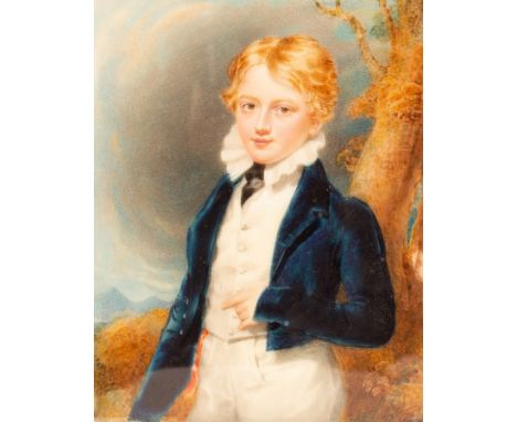 English School, 19th Century/Portrait Miniature of a Boy/half-length, wearing a blue jacket, white waistcoat and trousers/wat