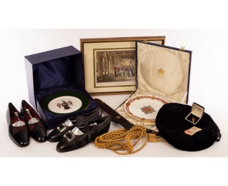 A Spode Order of the Bath plate, No. 94/1000, 26.5cm diameter, boxed, a gilt metal badge inscribed 'Royal Visit 1974', two ce