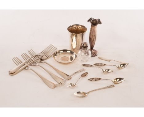 Four Chinese export silver teaspoons, Tuck Chang, five 800 standard silver forks, a Portuguese white metal beaker and sundry 