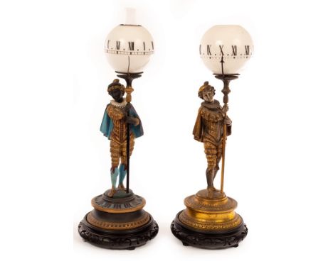 Two globe clocks, the opaque shades with horizontal band of Roman numerals, each supported by a mannequin figure, the base wi