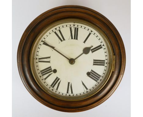 A late 19th Century school house oak wall clock, the 10" dial with Roman numerals, pendulum. 