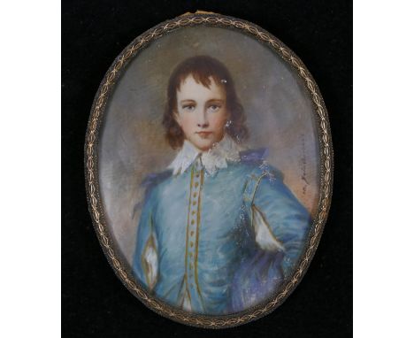 After Gainsborough, The Blue Boy, a portrait miniature, oil on ivorine, bears a signature, 8.5 x 6.5cm 