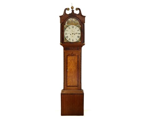 A Victorian 8 day oak longcase clock, the 13" painted dial with subsidiary seconds and date dials, later inscribed S.J. Fox, 