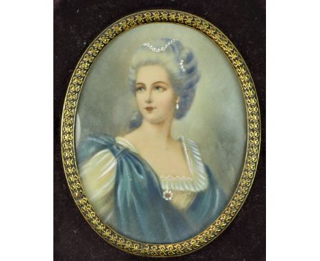 A 19th century style portrait miniature, depicting a lady with jewellery, oil on ivorine, velvet frame, 14 x 12cm overall. 