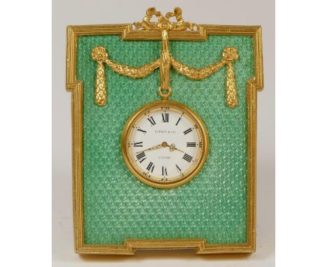 Kitney & Co, London, a gilt brass & green enamel faberge style easel desk quartz clock - 10cm, case. Cosmetically in excellen