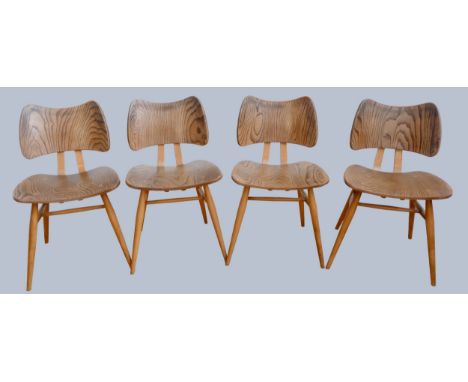 Lucian Ercolani-Ercol, a set of four c.1960's beech and elm side/dining chairs, model 401, having the iconic butterfly backre