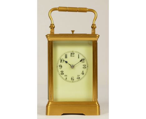 A late 19th century brass striking carriage clock, Arabic numerals, striking the hours and half on a gong, 15cm. 