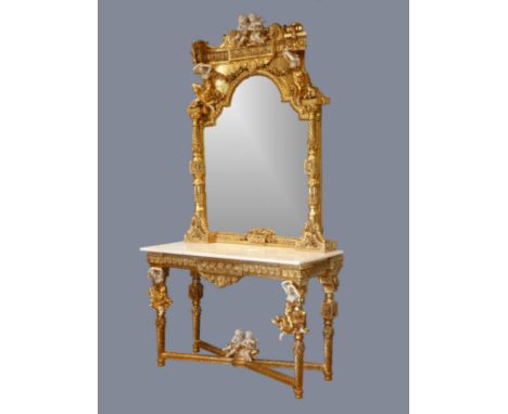 An Italian Baroque style gilt resin and wood mirrored console table, the mirror with musical cherub surmount, Bacchanalian la