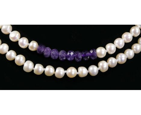 A freshwater pearl and faceted amethyst bead necklace, beads 4 - 5mm, 115cm 