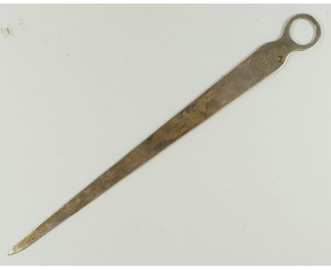 A George III Irish silver skewer, by R. Williams, Dublin 1771, crested, 32cm, 132gm