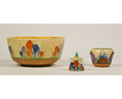 Clarice Cliff, a Crocus pattern octagonal bowl, 19cm, a salt pot with cover and a Gayday pattern preserve jar, lacking lid, 8