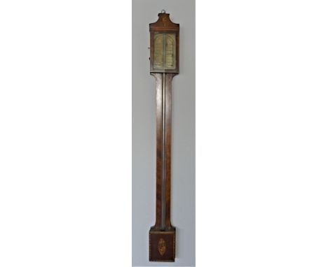 Bentley of Thirsk, a George III mahogany stick barometer, with satinwood and harewood shell and urn medallions, paper gauge, 