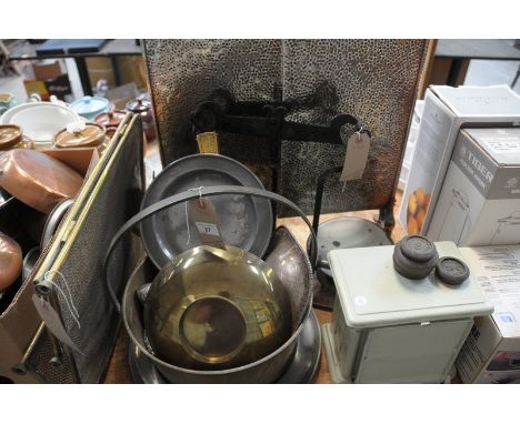A Brass skellet, pewter plaque, fire screen , vintage fall front Belmont shop scales and weights, flat irons, etc.