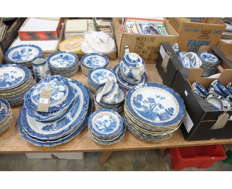 A Large qty of Booths " Real Old Willow" tea and dinner wares, meatplates, tureens, assorted plates, teapot, sauce boat , etc