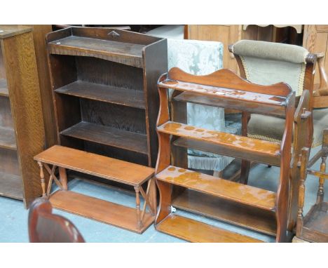 An Oak hanging wall shelf , a second wall shelf, an oak open bookcase and 1 other. (4)