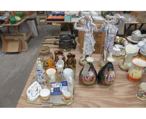 A Tray of decorative ceramics including 2 copper lustre jugs, a studio pottery vase, various figurines , a pair of continenta