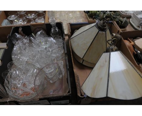 A Box of table table glassware and 3 modern stained glass pendant light shades.