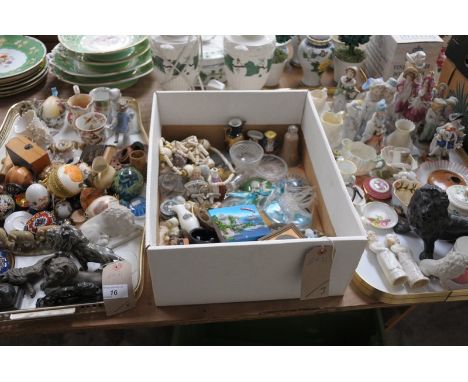 3 Trays of decorative ceramics, ornaments and figures, various lion figures, miniatures and bisque figures, a Belleek barrel 
