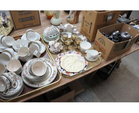 A Foley China blue and white part tea service, Indian Tree tea wares, Minton Haddon Hall cups and saucers, leaf dish, Minton 