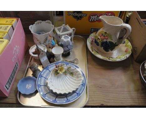 A Tray of decorative ceramics including a fruit pattern jug and bowl, Aynsley vase and trinket box, Beatrix Potter musical fi