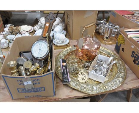 A Qty of brass and copper ware, eastern brass items, brass candlesticks, coper kettle, large brass plaque, loose flatware, ho