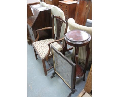 A Circular mahogany 2 tier plant stand, needlework firescreen and a 19th century mahogany elbow chair. (3)