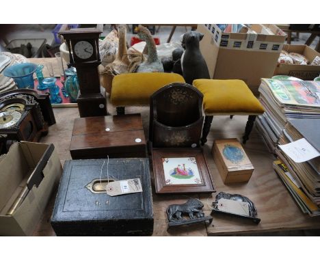 Sundry items including a miniature longcase clock, rosewood box, a writing box, framed Victorian tile, iron figural hearth or