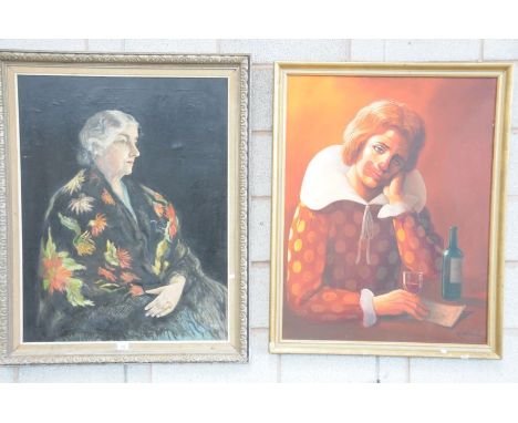 Keith English portrait of a clown , oil on canvas and a second painting portrait of a lady. (2)