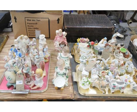 3 Trays of decorative figures and ornaments including bisque exampls, shoe ornaments, etc.